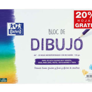 oxford bloc de dibujo escolar espiral formato a4+ con reacuadro 20 hojas microperforadas 130gr color natural papel de superfície rugosa