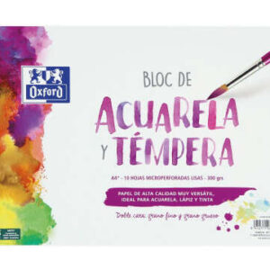oxford bloc de acuarela y tempera escolar espiral formato a4+ liso 10 hojas microperforadas 300gr color natural papel de doble cara: grano grueso y grano fino