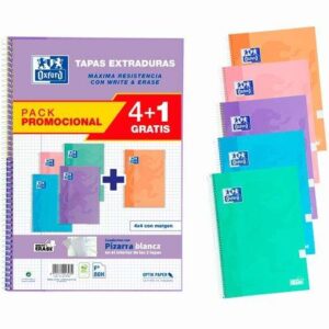 oxford classic write & erase pack 4+1 5 cuadernos espiral formato folio cuadriculado 4x4mm 80 hojas tapas extraduras con pizarra blanca colores pastel surtidos