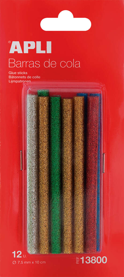apli recambio de barras de adhesivo termofusible Ø7.5mmx10cm colores surtidos con purpurina precision y limpeza compatible con pistolas de Ø7.5mm ideal para manualidades y bricolaje
