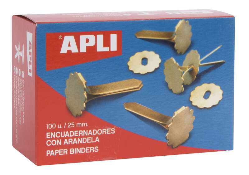 apli caja con 100 encuadernadores metalicos con arandela 25mm incluye arandela para embellecer y evitar rozaduras aptos para todo tipo de documentos