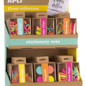 apli fluor collection expositor de productos basicos colores surtidos fluor diseño moderno incluye push pins, gomas elasticas, pinzas abatibles, clips, pinzas de madera e imanes