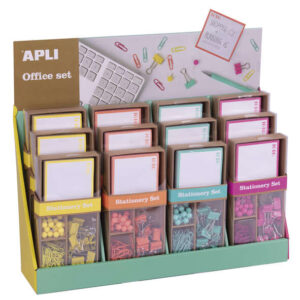 apli fluor collection expositor de productos basicos colores surtidos fluor diseño moderno 12 sets de 25 pins, 80 clips de 28mm, 20 pinzas abatibles de 19mm y notas adhesivas de 100 hojas