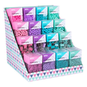 apli nordik collection expositor de productos basicos colores pastel surtidos 12 cajas de gomas elasticas, pins, clips y pinzas eurohole para colgar