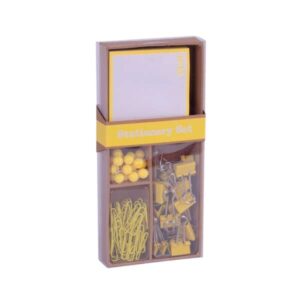 apli fluor collection set de oficina 25 pins, 80 clips de 28mm, 20 pinzas abatibles de 19mm y notas adhesivas de 100 hojas en amarillo fluor diseño moderno y llamativo producto reposicionable para expositor 17684