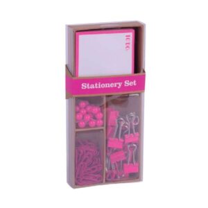 apli fluor collection set de oficina con 25 pins, 80 clips de 28mm, 20 pinzas abatibles de 19mm, bloc de 100 notas adhesivas blancas con borde rosa diseño moderno y llamativo
