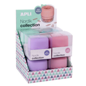 apli nordik collection expositor de clips Ø72x72mm 8 dispensadores en 4 colores pastel tapa magnetica "soft touch" y textura silicona incluye 50 clips de 28mm