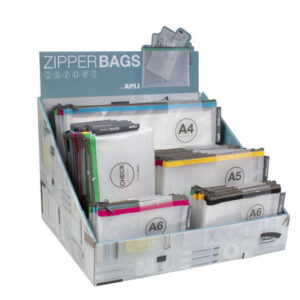 apli expositor de zipper bags 80 unidades en 4 medidas surtidas 5 colores resistentes goma eva transparente de alta calidad