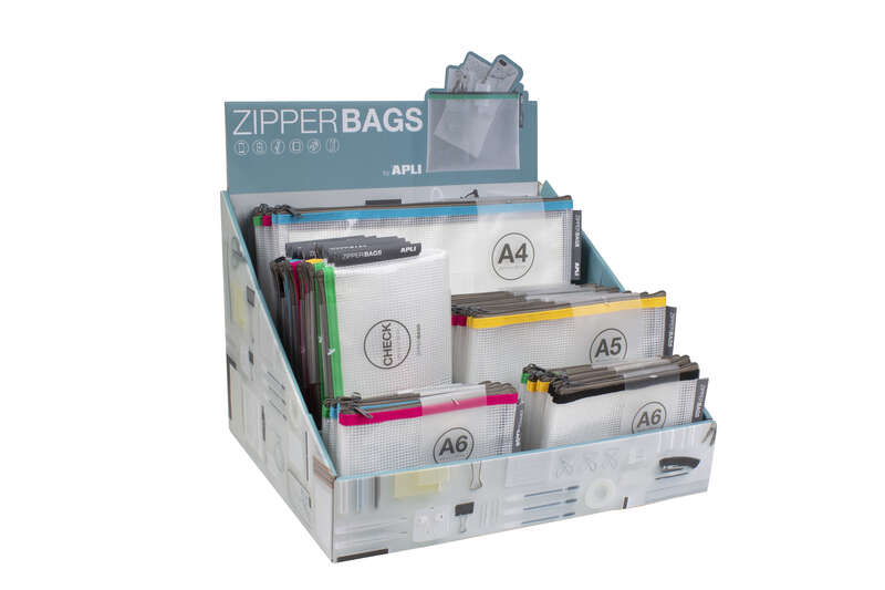 apli expositor de zipper bags 80 unidades en 4 medidas surtidas 5 colores resistentes goma eva transparente de alta calidad
