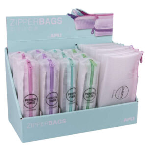 apli nordik collection expositor de estuches y bolsas 210x45x45mm y 230x130mm goma eva translucida impermeable y duradero rosa, violeta, turquesa y verde pastel