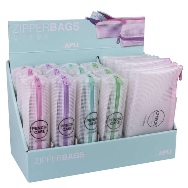apli nordik collection expositor de estuches y bolsas 210x45x45mm y 230x130mm goma eva translucida impermeable y duradero rosa, violeta, turquesa y verde pastel