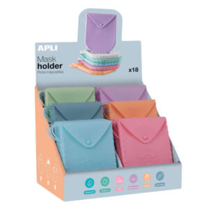 apli expositor de porta mascarillas de silicona 140x110x1.5 mm textura suave 18 fundas de diferentes colores cierre de boton asa para colgar faciles de limpiar y esterilizar