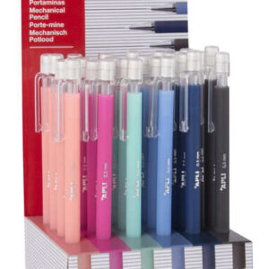 apli expositor portaminas soft nordik 0.5mm colores salmon, rosa, turquesa, azul, azul marino y negro capuchon con tapon transparente y goma de borrar colores surtidos