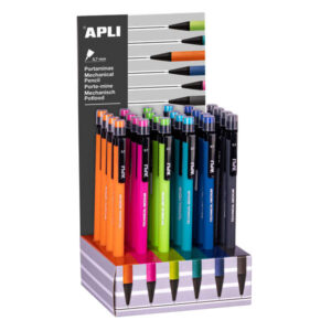apli portaminas 0.7mm textura soft capuchon con tapon transparente y goma de borrar del mismo color colores fluor surtidos