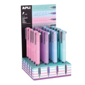 apli nordik collection expositor con 20 boligrafos con 5 tintas de gel acabado soft touch en silicona cuerpo en colores surtidos