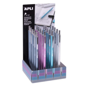 apli expositor de 20 portaminas 0.7mm textura soft capuchon y goma de borrar colores metalizados surtidos