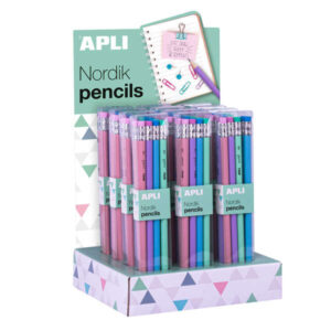 apli nordik collection expositor de 12 packs de 8 lapices de grafito hb 2mm con goma de borrar colores rosa, lila, turquesa y verde