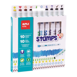 apli kids stamps pack de 10 rotuladores con doble punta sello y rotulador 10 colores/sellos diferentes puntas bloqueadas de Ø 7.5 mm capuchon anti asfixia colores surtidos