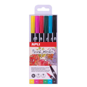 apli brush marker pack de 6 rotuladores acuarelables de doble punta punta pincel de 1 4mm y punta redonda de 1mm tinta base de agua inodora y no toxica colores surtidos