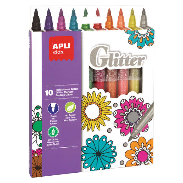 apli kids rotuladores glitter Ø 12x137 mm cuerpo cilindrico y punta redonda bloqueada de Ø 3.8 mm colores surtidos lavables, anti asfixia, no toxicos, sin gluten y tinta de larga duracion