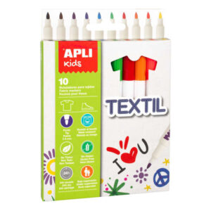 apli kids pack de 10 rotuladores para textil punta redonda bloqueada Ø 2.9mm capuchon anti asfixia no toxicos larga duracion ideal para todo tipo de tejidos colores surtidos