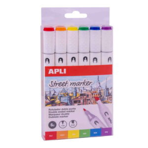 apli street markers pack de 6 rotuladores de doble punta puntas de 1mm y 6mm tinta de base alcohol multifuncionales para dibujar, pintar y colorear colores surtidos