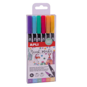 apli brush marker pack de 6 rotuladores acuarelables de doble punta punta pincel de 1 4mm y punta redonda de 1mm tinta base de agua inodora y no toxica colores pastel surtidos