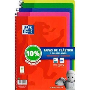 oxford classic pack de 5 cuadernos espiral formato folio cuadriculado 4x4mm 80 hojas tapa de plastico colores vivos surtidos