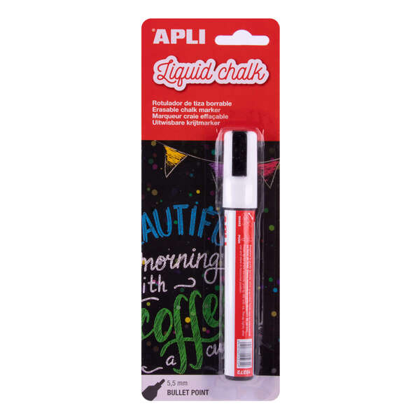 apli rotulador de tiza liquida punta redonda de 5.5mm facil de borrar con paño humedo secado rapido y uso sencillo base agua libre de toxicos color blanco