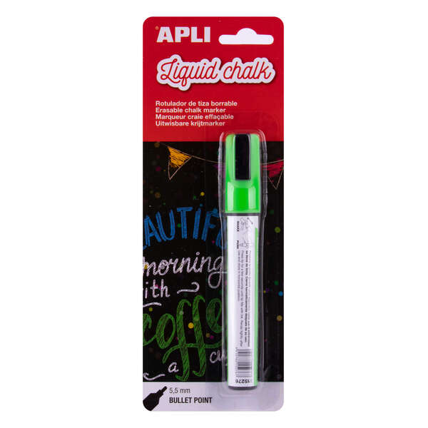 apli rotulador de tiza liquida verde punta redonda de 5.5mm facil de borrar con paño humedo secado rapido y libre de toxicos