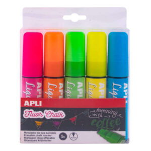 apli pack con 5 rotuladores de tiza liquida punta biselada 10x15mm para pizarras y superficies no porosas colores surtidos