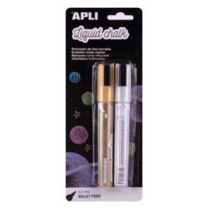 apli pack con 2 rotuladores de tiza liquida punta redonda de 5.5mm ideal para pizarras, plastico, ventanas, etc... facil de borrar secado rapido colores oro y plata