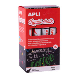 apli pack de 12 rotuladores de tiza liquida punta redonda de 5.5mm ideal para pizarras, plastico, ventanas, ceramica, vinilos, metal, etc facil de borrar secado rapido color blanco