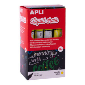 apli rotulador de tiza liquida amarillo punta redonda ideal para pizarras, plastico, ventanas, ceramica, vinilos, metal, etc facil de borrar secado rapido uso sencillo base agua libre de toxicos