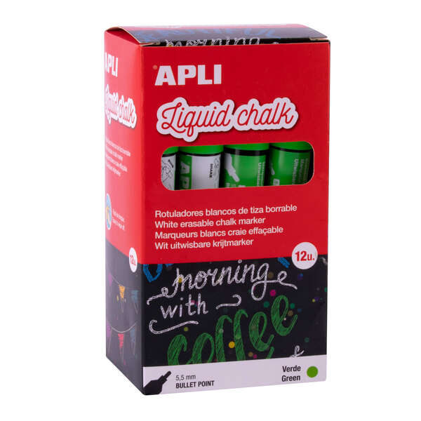 apli rotulador de tiza liquida verde punta redonda ideal para pizarras, plastico, ventanas, ceramica, vinilos, metal, etc facil de borrar secado rapido uso sencillo base agua libre de toxicos