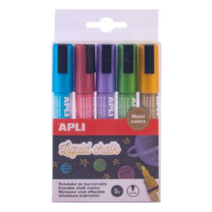 apli pack de 5 rotuladores de tiza liquida punta redonda de 5.5mm facil de borrar secado rapido base agua libre de toxicos colores metalizados surtidos