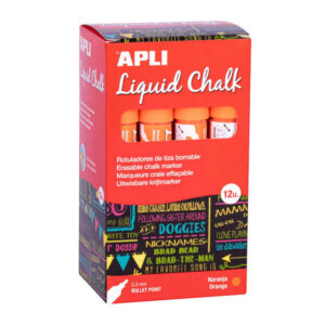 apli pack de 12 rotuladores de tiza liquida punta redonda ideal para pizarras, plastico, vinilos, metal, etc facil de borrar secado rapido color naranja