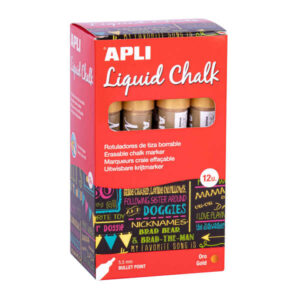 apli pack de 12 rotuladores de tiza liquida punta redonda ideal para pizarras, plastico, vinilos, metal, etc facil de borrar secado rapido color oro