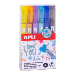 apli rotuladores doble linea 5.5mm base de alcohol pack 6 colores escritura interior plata con contorno de color ideal para decoracion 4g de tinta por rotulador caja 70x135x15mm