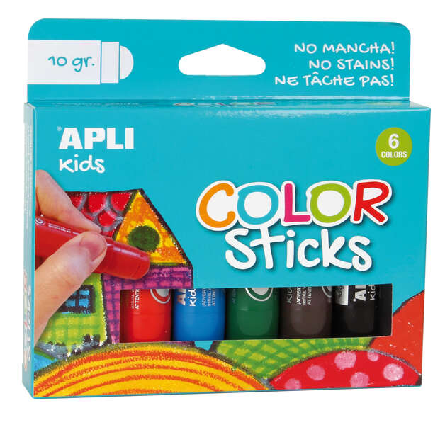 apli color sticks pack con 6 temperas solidas de 10g acabado satinado sin necesidad de barniz secado rapido en menos de 3 minutos efecto cera o tempera segun la presion ejercida