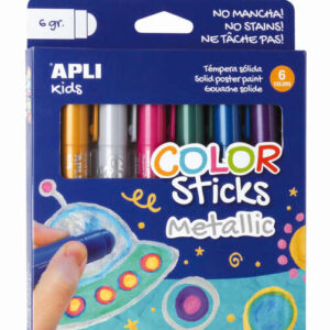 apli color sticks pack con 6 temperas solidas de 6g en colores metalizados acabado satinado secado rapido efecto cera o tempera segun la presion ejercida