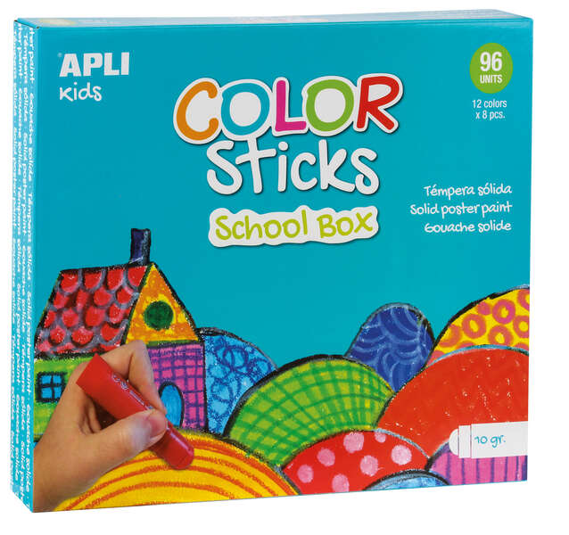 apli color sticks pack con 96 temperas solidas de 10g acabado satinado sin necesidad de barniz secado rapido en menos de 3 minutos efecto cera o tempera segun la presion ejercida