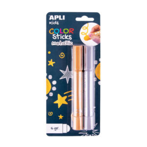 apli color sticks pack con 2 temperas solidas de 6g no manchan, acabado satinado, secado rapido efecto cera o tempera segun presion flexible y sin disolventes colores oro y plata