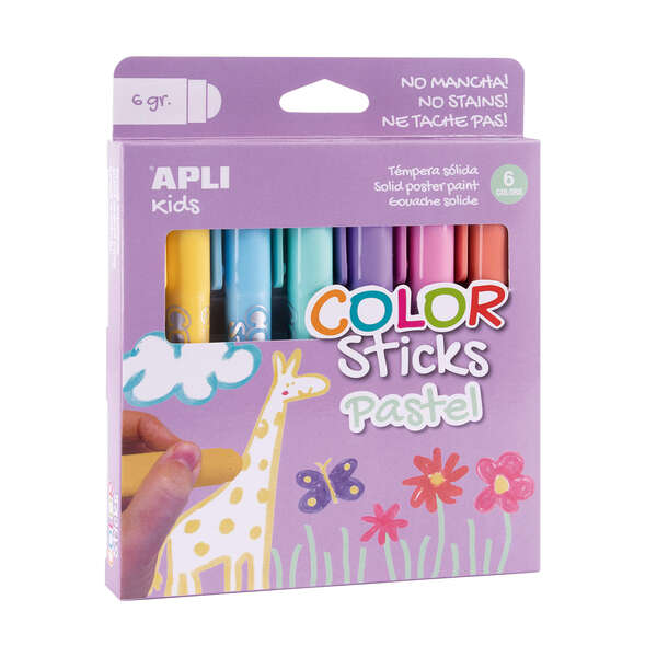 apli color sticks pack con 6 temperas solidas de 6g en colores pastel acabado satinado secado rapido efecto cera o tempera segun la presion ejercida