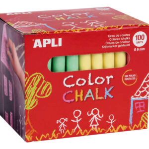 apli pack de 100 tizas redondas de colores surtidos Ø 9 x 80mm sin polvo ideales para escribir, dibujar y colorear en pizarras y pavimentos aptas para uso escolar