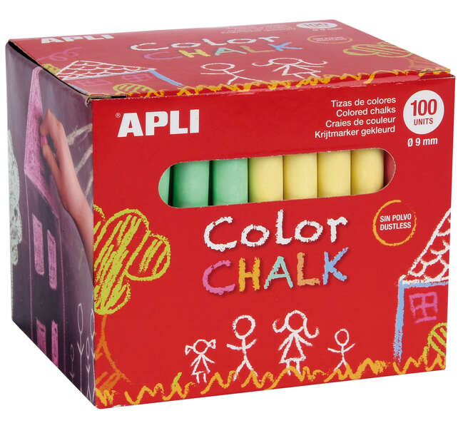 apli pack de 100 tizas redondas de colores surtidos Ø 9 x 80mm sin polvo ideales para escribir, dibujar y colorear en pizarras y pavimentos aptas para uso escolar