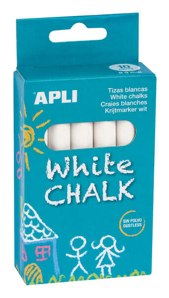 apli pack de 10 tizas blancas redondas tamaño Ø 9 x 80mm bajo en residuo y sin polvo ideal para escribir, dibujar y colorear en pizarras y pavimentos uso escolar