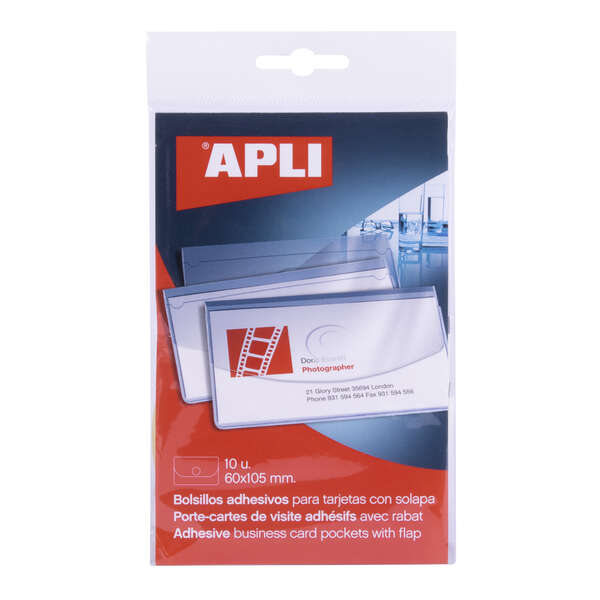 apli pack de 10 bolsillos adhesivos porta tarjetas con solapa de cierre medidas 100x60mm ideal para presentaciones impresas, dosieres