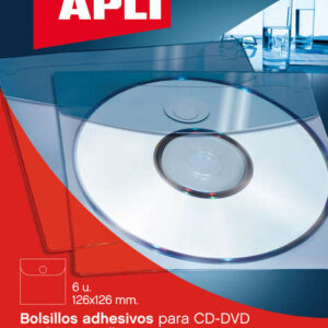 apli bolsillos adhesivos para cd/dvd con solapa de cierre tamaño 126 x 126mm ideal para presentaciones impresas y archivadores contiene 6 bolsillos