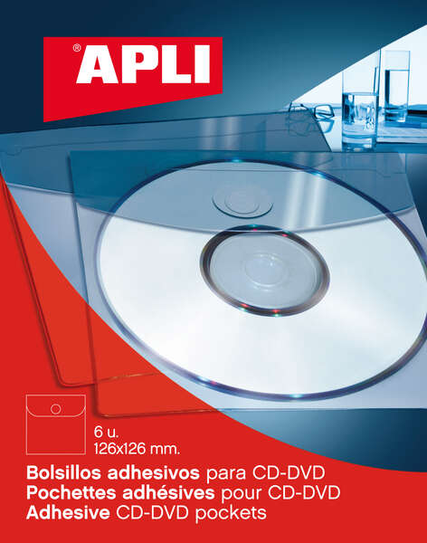 apli bolsillos adhesivos para cd/dvd con solapa de cierre tamaño 126 x 126mm ideal para presentaciones impresas y archivadores contiene 6 bolsillos